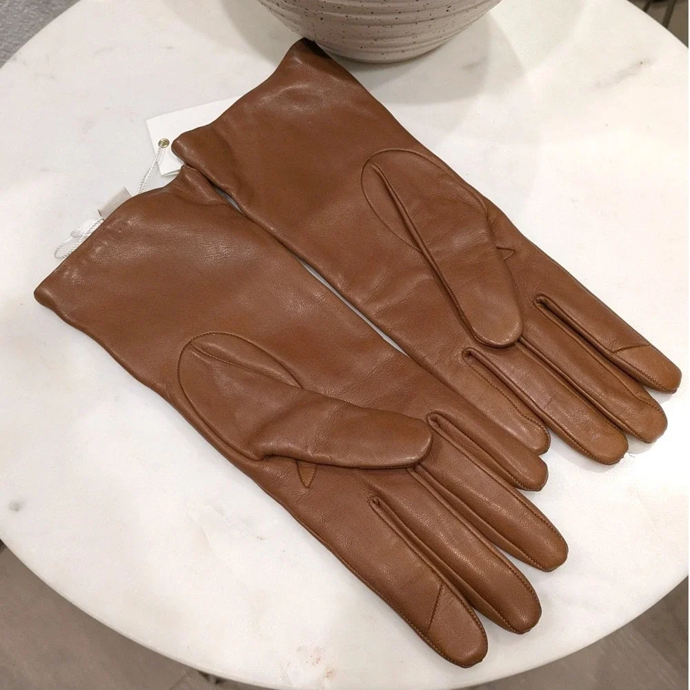 Tory Burch Miller Leather Gloves Women 7.5 T-Logo Brown Cashmere Lined 46591 NEW